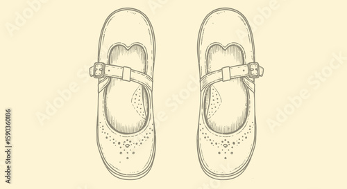 Hand-drawn illustration of a pair of children's Mary Jane shoes with a strap and buckle, featuring a perforated pattern.