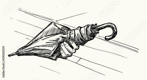 Ink Sketch of a Closed, J-Handle Umbrella Lying on its Side