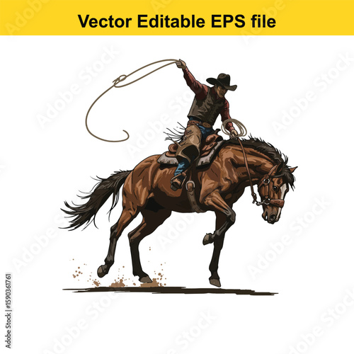 Cowboy riding a horse with a lasso isolated on white