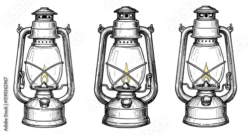 Three Vintage Kerosene Lanterns with Flame, Detailed Black and White Illustration