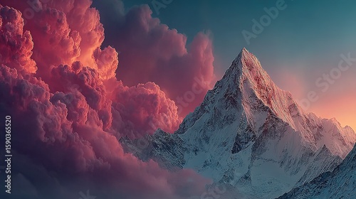 Majestic mountain peak rising above vibrant clouds.