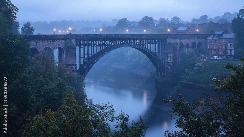 Fototapeta premium Misty morning over a historic stone arch bridge spanning a tranquil river, with fog-shrouded town and greenery in the background..