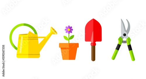 Illustration of gardening tools including watering can, flower pot, and trowel