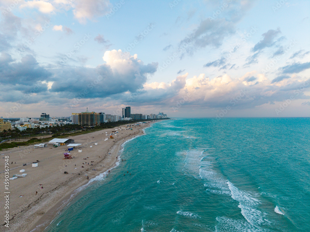 Fototapeta premium Top view of South Miami Beach. Miami Beach skyline with skyscrapers. Aerial view of Miami Beach in summer.