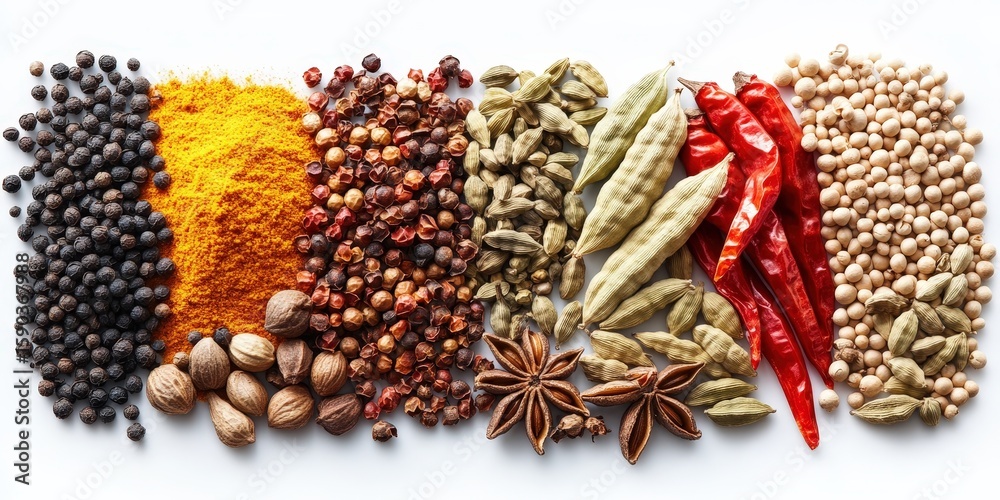 Obraz premium Dried whole spices and herbs aligned in rows on white surface