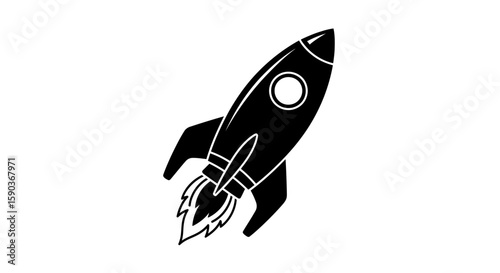 Vector illustration of a black and white rocket ship launching into space for travel and exploration concept design