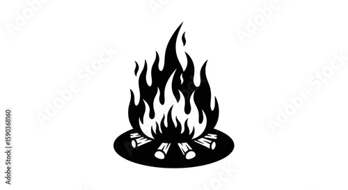 Vector black and white bonfire illustration, camping fire design, outdoor campfire, burning flame vector, firewood art