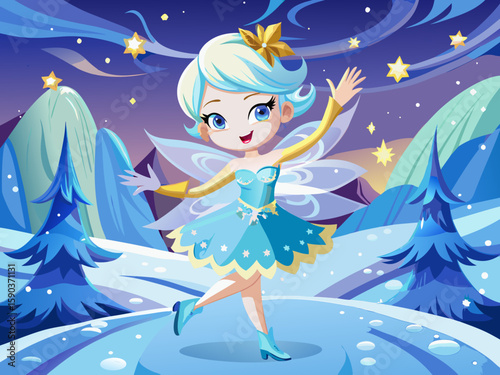 vector of Charming little ice fairy dancing in art's winter wonderland. Sky background with fantasy stars.