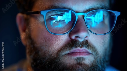 Face with glasses reflects blue computer screen
