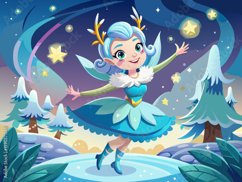 vector of Charming little ice fairy dancing in art's winter wonderland. Sky background with fantasy stars.