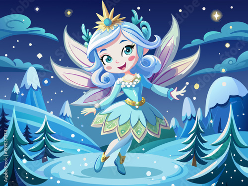 vector of Charming little ice fairy dancing in art's winter wonderland. Sky background with fantasy stars.