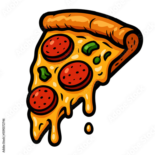 Cartoon Slice of Pizza with Pepperoni Delicious Food Illustration for Menus and Recipes