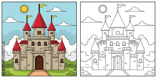 castle illustration, colored and line art versions