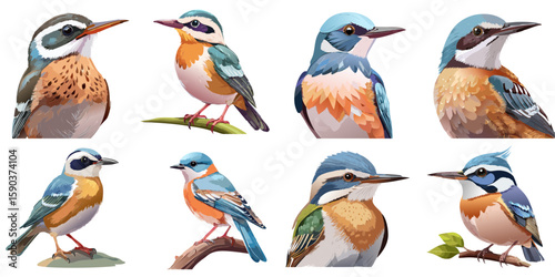 Multiple vector illustrations of delicately drawn small birds

