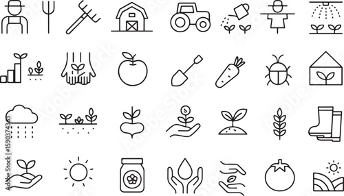 Collection of flat design agriculture and farming icons representing growth sustainability and rural life isolated on transparent background