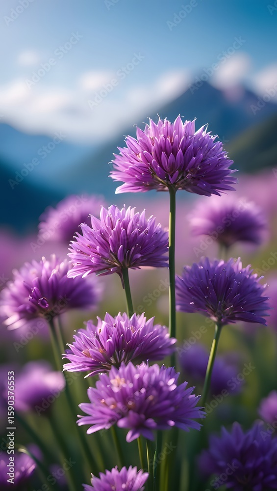 Fototapeta premium Beautiful purple chive flowers blooming in a field nature photography spring blossom