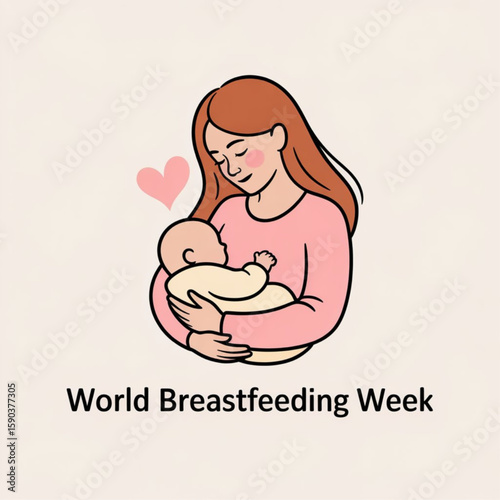 World Breastfeeding Week design, outline style, long-haired mom breastfeeding baby. Logo for posters, stickers, banners.