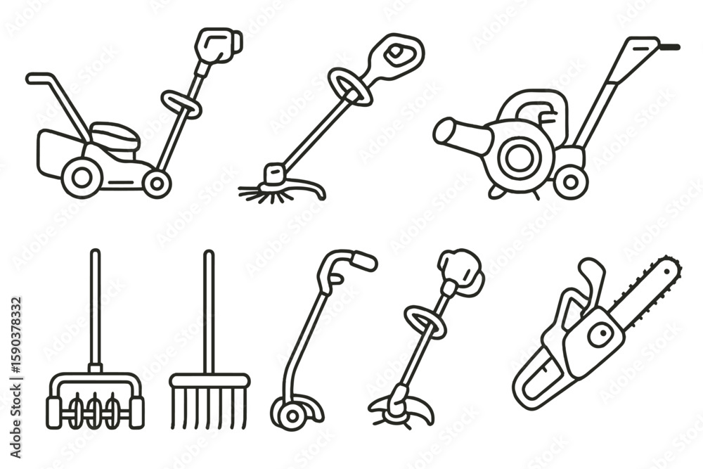 Obraz premium Gardening tools linear icon set. equipment, yard work, landscaping line icons collection