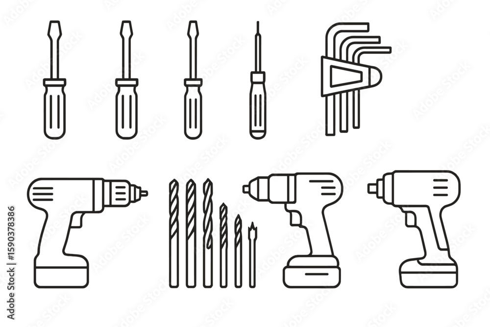 Obraz premium Tools and equipment line icon set. screwdrivers, drills, wrenches in outline style