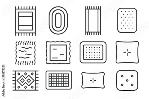 Carpet and rug related linear icon set. patterned, textured home decor outline collection