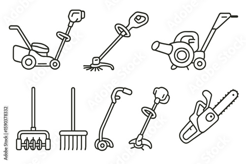 Gardening tools linear icon set. equipment, yard work, landscaping line icons collection