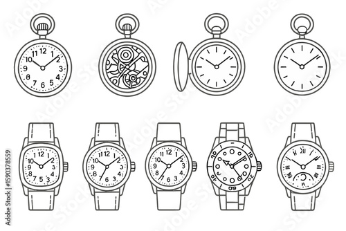 Vintage timepiece line icon set. watches, clocks, antique style outline collection