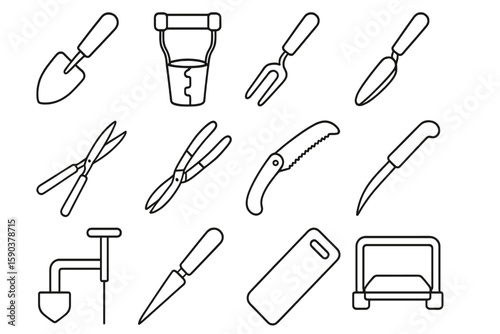 Gardening tools outline icon set for landscaping and horticulture projects