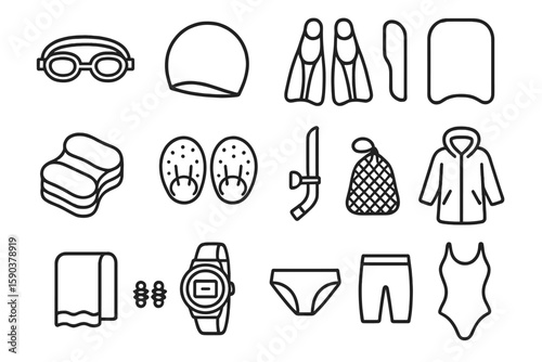 Swimming gear outline icon set. goggles, flippers, swimwear, caps, towel icons