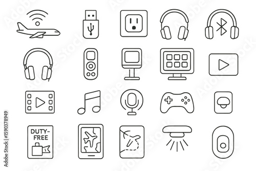 Travel and technology line icon set. minimal travel gear and gadgets outline collection