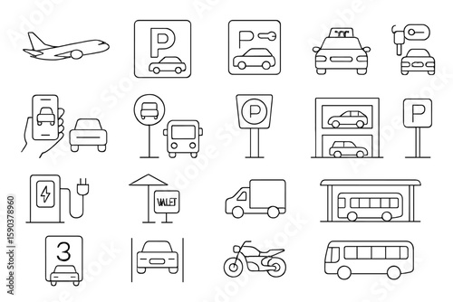 Transportation, travel linear icon set. vehicles, road signs, parking outline collection