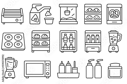 Kitchen appliance outline icon set. blender, oven, fridge line style collection