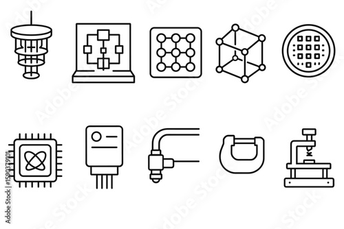 Quantum computing linear icon set. circuit, processor, technology icons outline collection