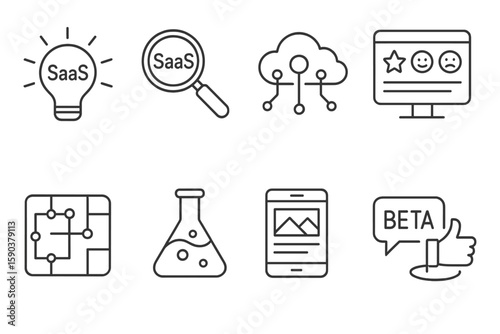 Technology and saas outline icon set. cloud computing, software, network symbols