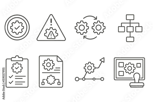 Business and technology outline icon set. strategy, workflow, management, planning
