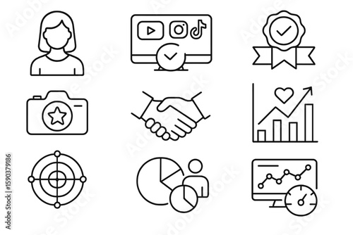 Business and social media line icon set. analytics, marketing, and network icons