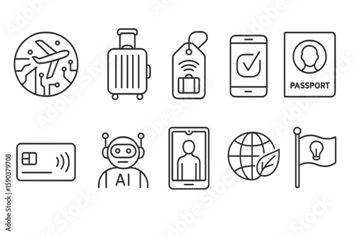 Travel and tourism outline icon set. flight, luggage, passport icons in line style