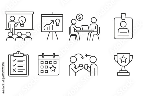 Business outline icon set. office management, teamwork, productivity icons collection