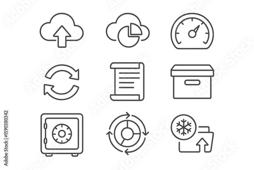 Data management line icon set. cloud storage, sync, backup outline collection
