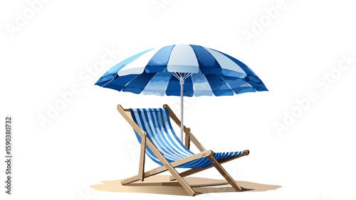 Blue striped beach chair and umbrella watercolor illustration 