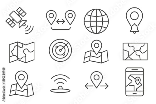 Navigation, gps line icon set. map, location, compass, satellite line style collection