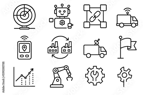 Technology and industry line icon set. robotics, transportation, data analysis