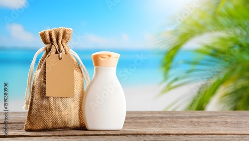Sunscreen lotion bottle and burlap bag with tag on wooden table beach background 85