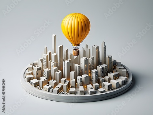 Conceptual city skyline with hot air balloon, urban landscape, modern architecture, art
