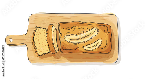 Watercolor illustration Banana bread for print with sliced pieces on wooden board in beautiful composition, perfect for menus, restaurant branding, and food blogs svg