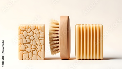 Natural soap bars and wooden brush for skincare beauty products still life shot