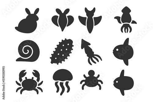 Sea life, marine silhouette icon set. ocean creatures silhouette collection