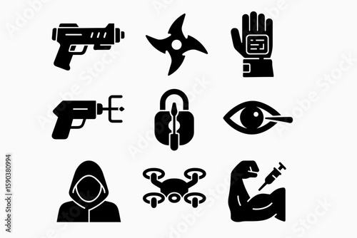 Surveillance, security solid icon set. monitoring, defense tools solid collection