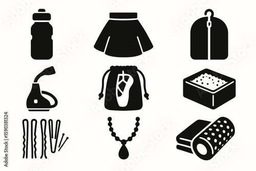 Dance silhouette icon set. ballet, accessories, dancewear, silhouette collection