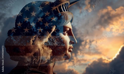 A double exposure of the Statue of Liberty and an American flag, with stars forming in the clouds at sunset Generative AI