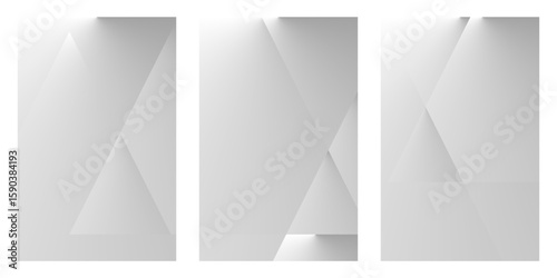 Minimalist abstract background featuring a trio of grey and white geometric designs with soft gradients and sharp angles, perfect for modern digital projects.